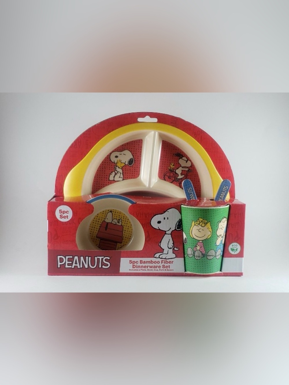 Peanuts 5pc Bamboo Fiber Dinnerware Set Plate, Bowl, Cup, Fork & Spoon